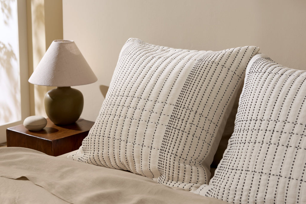 Hand Stitched Euro Pillow Cover (Ivory and Soft Black)
